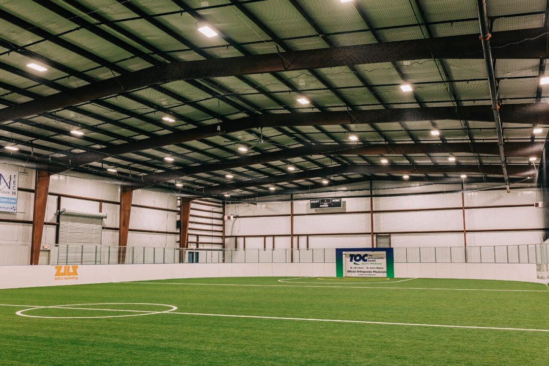 Interior of Now Soccer Academy facility in Huntsville with commercial doors