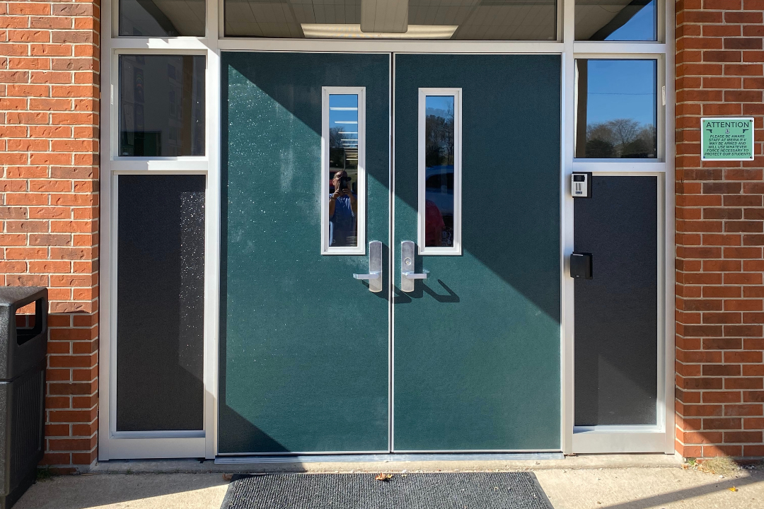 New exterior school doors, hunter green with windows