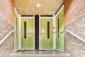 Brick facade and green commercial doors