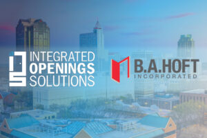 Integrated Openings Solutions and BA Hoft Inc Logos against the Raleigh skyline