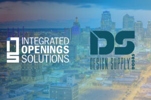 Kansas City skyline with logos for Integrated Openings Solutions and Design Supply Doors