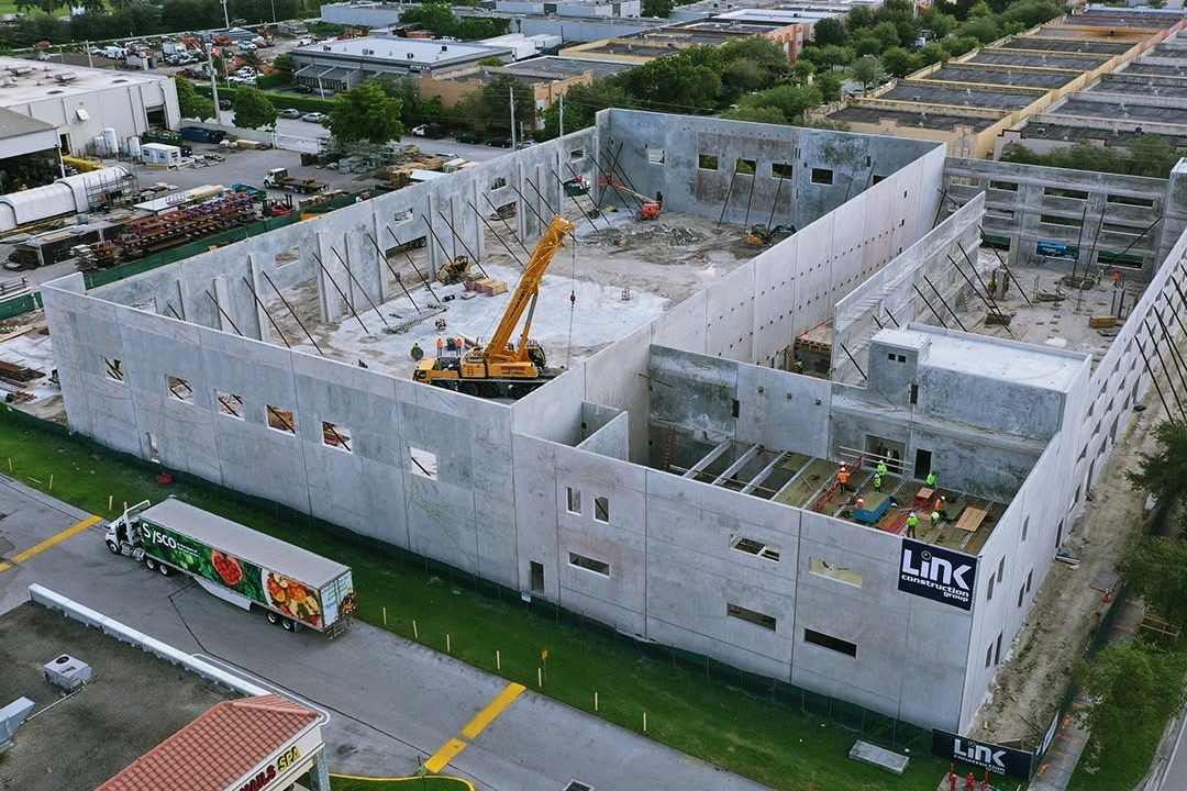 Aerial shot of USF Fabrication & Parking Garage under construction