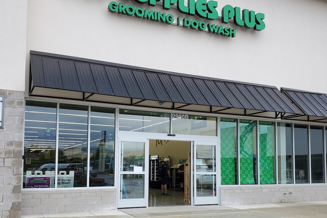 Outdoor shot of new automatic sliding doors at Pet Supplies Plus