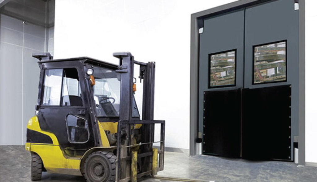 forklift parked outside specialty doors