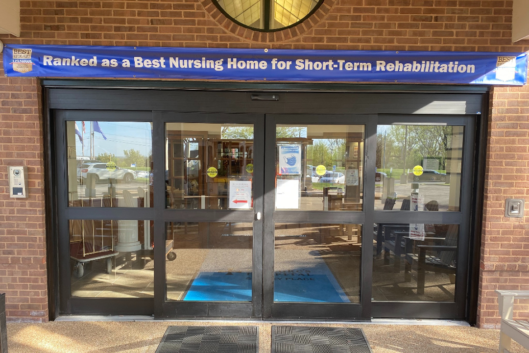 Automatic sliding doors at the entrance of St. Luke's Surrey Place Healthcare Center and Residence